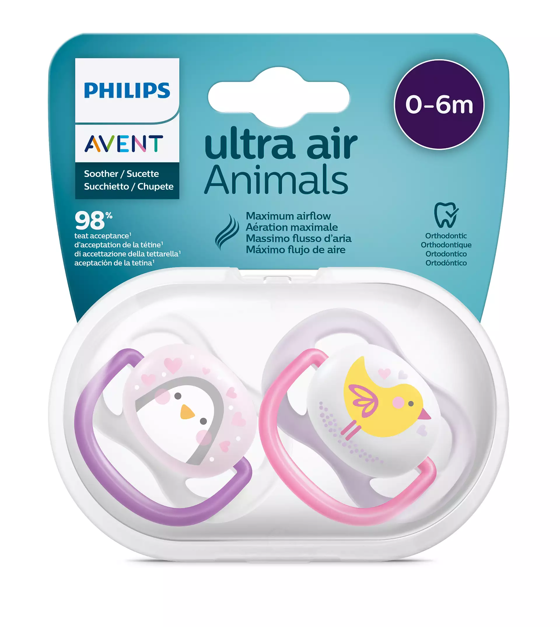 Philips Avent Ultra Air Animal Pacifier Orthodontic 0-6m (PINK PURPLE)